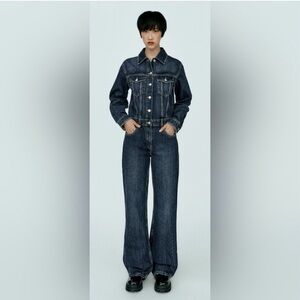 Zara Women Jean Jumpsuit S Blue Denim Cotton One Piece Straight Leg Size Small